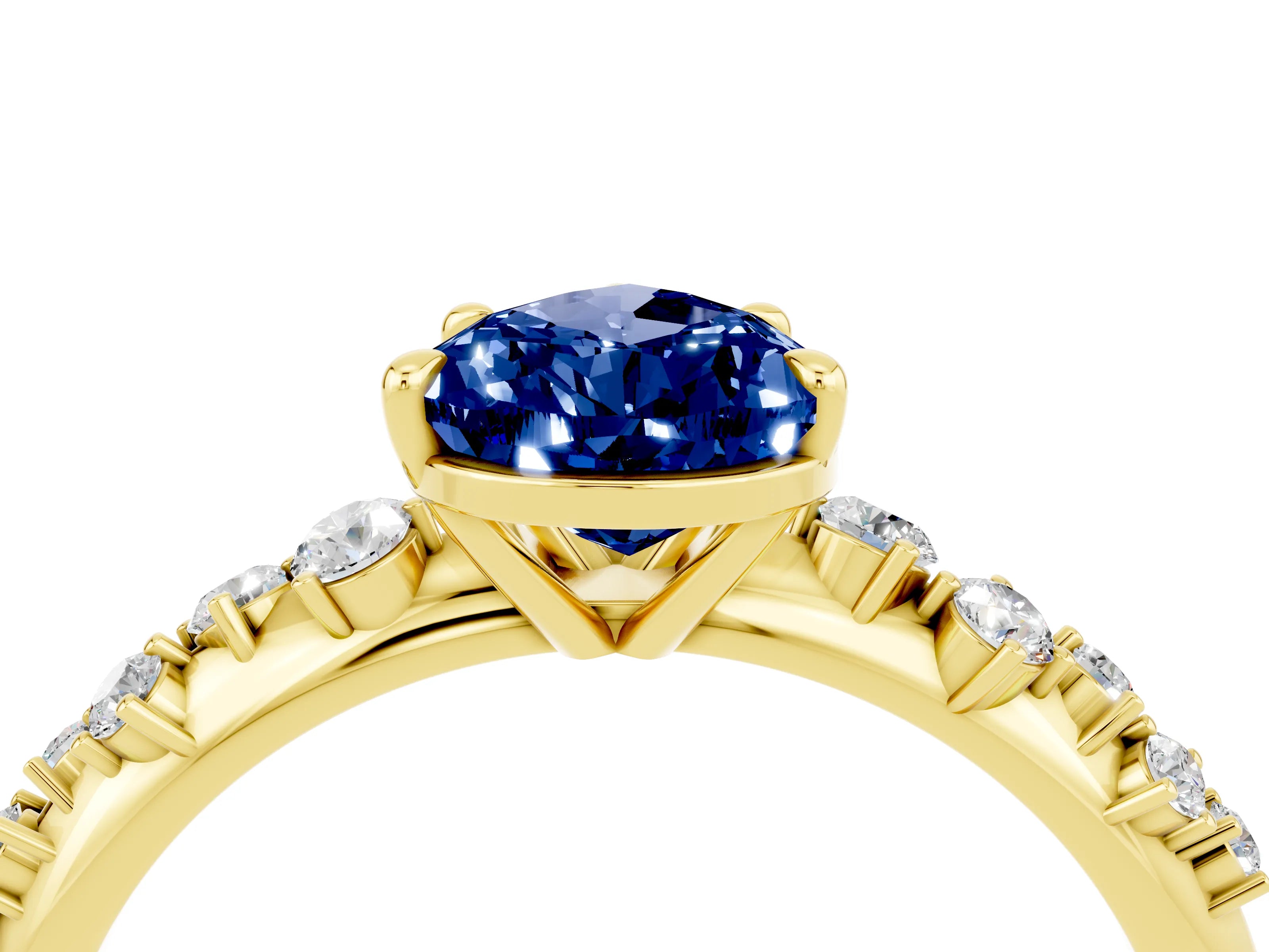 Yellow gold Pear Cut Blue Sapphire Cluster Side Stone Solitaire Ring with Prong Setting_28