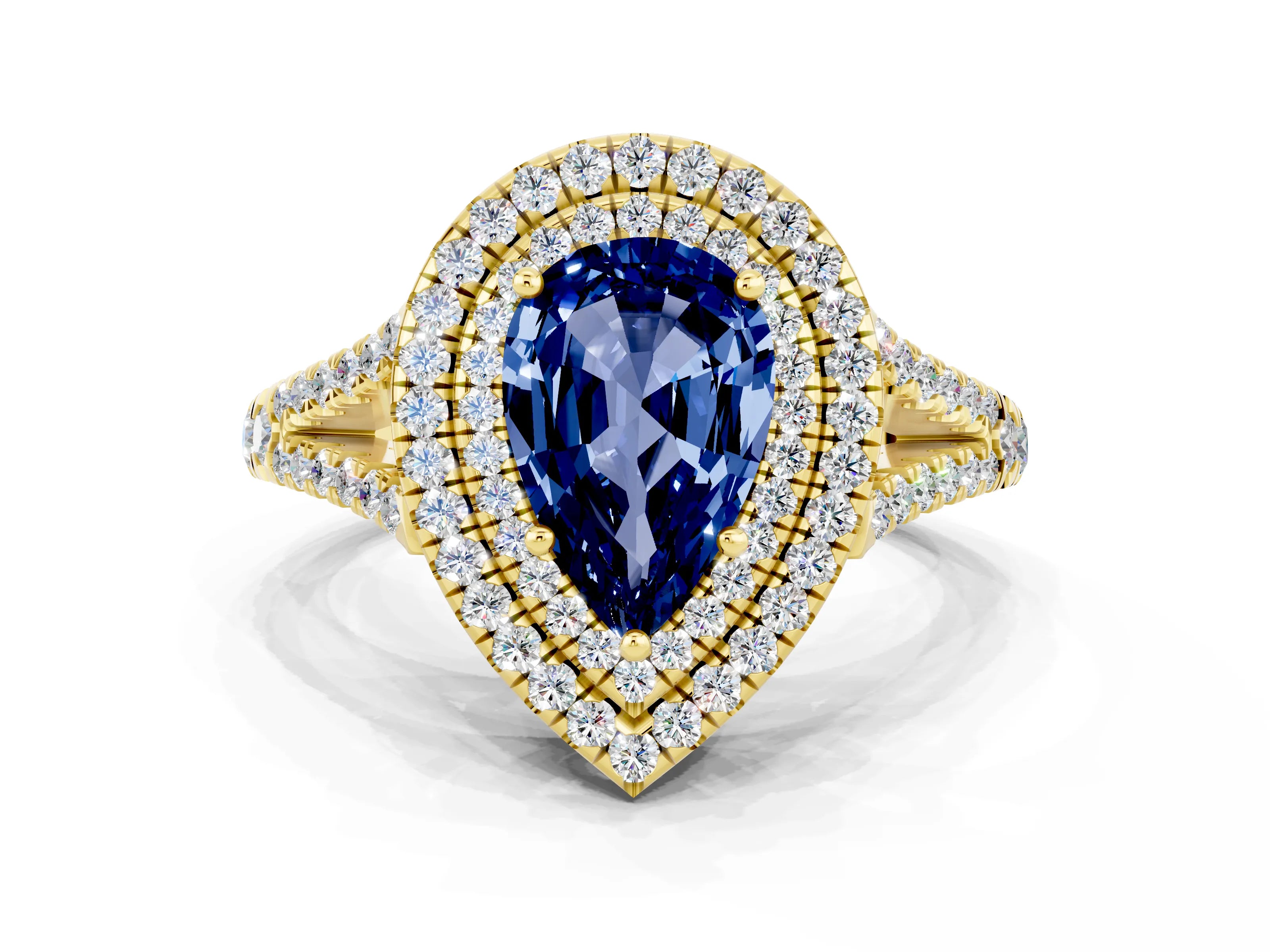 Yellow gold Pear Cut Blue Sapphire Double Halo Ring with Pavé Band and Prong Setting_12