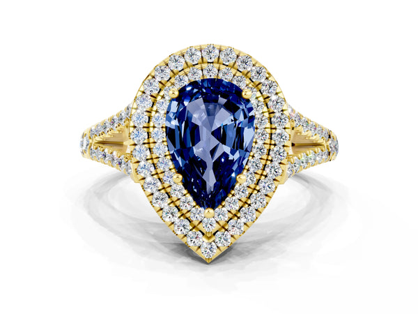 Yellow gold Pear Cut Blue Sapphire Double Halo Ring with Pavé Band and Prong Setting