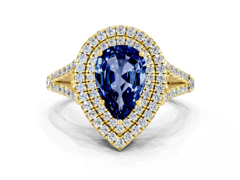 Yellow gold Pear Cut Blue Sapphire Double Halo Ring with Pavé Band and Prong Setting_12