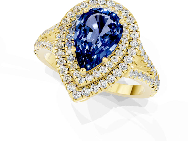 Yellow gold Pear Cut Blue Sapphire Double Halo Ring with Pavé Band and Prong Setting