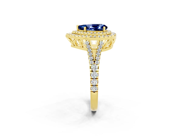 Yellow gold Pear Cut Blue Sapphire Double Halo Ring with Pavé Band and Prong Setting
