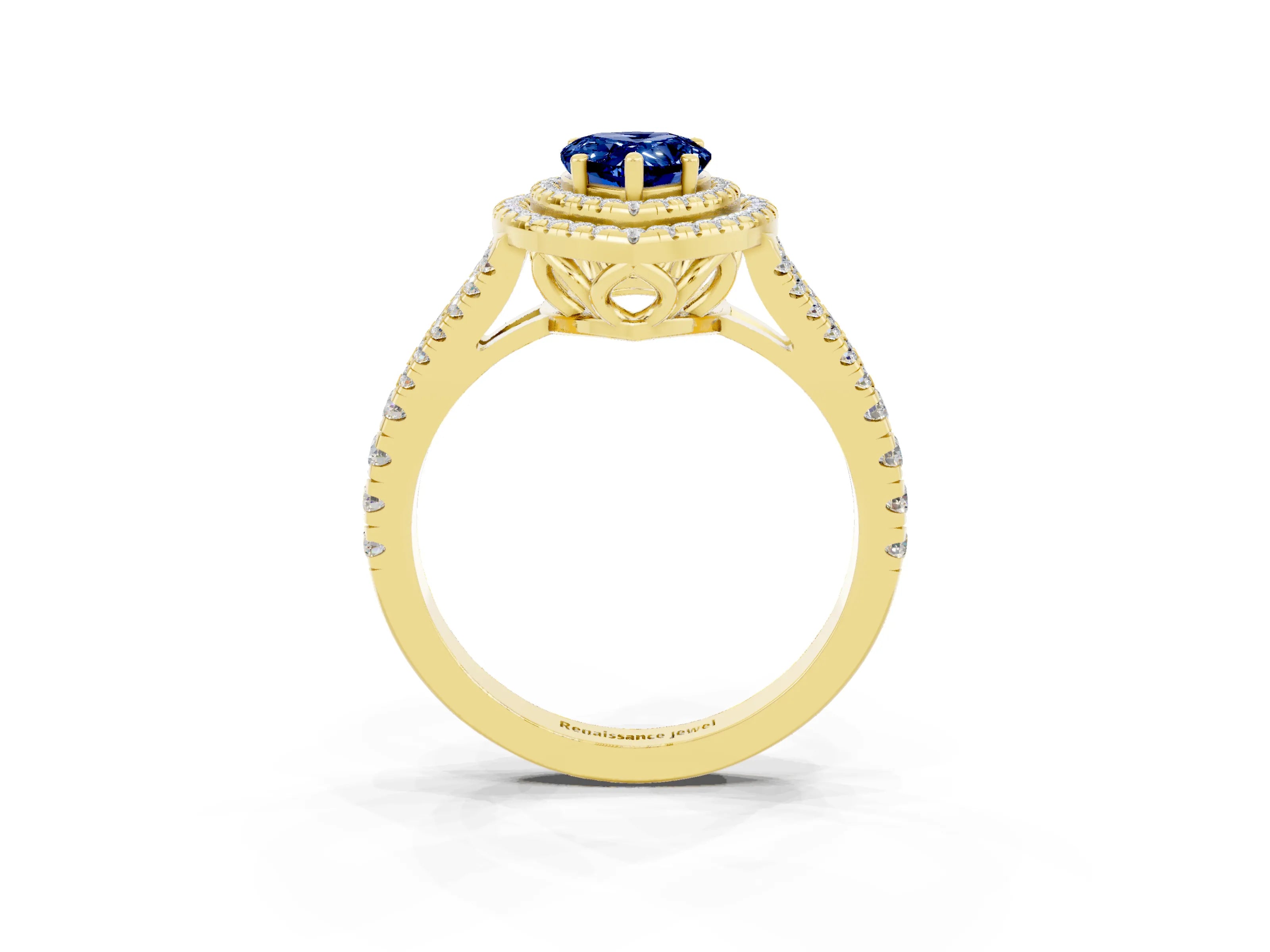 Yellow gold Pear Cut Blue Sapphire Double Halo Ring with Pavé Band and Prong Setting_15