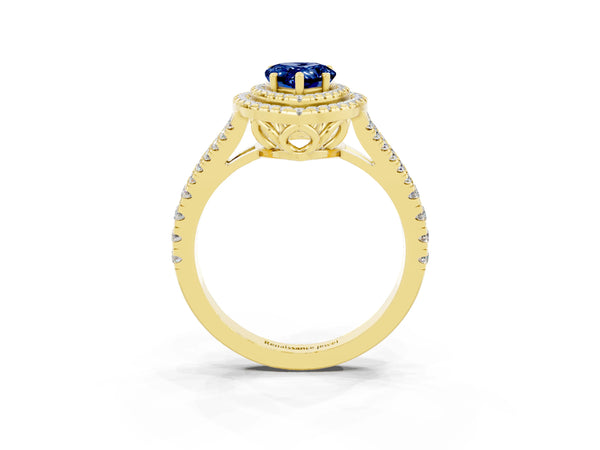 Yellow gold Pear Cut Blue Sapphire Double Halo Ring with Pavé Band and Prong Setting