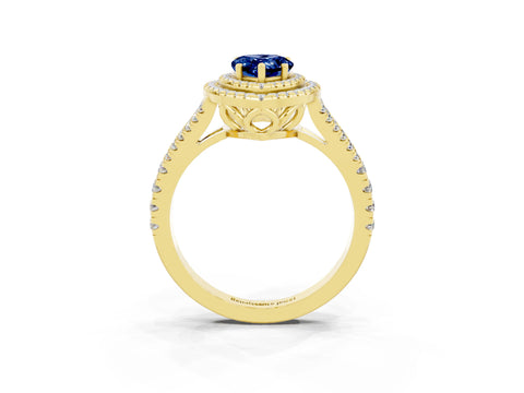 Yellow gold Pear Cut Blue Sapphire Double Halo Ring with Pavé Band and Prong Setting_15