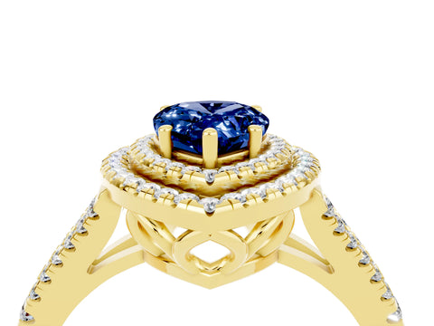 Yellow gold Pear Cut Blue Sapphire Double Halo Ring with Pavé Band and Prong Setting_16