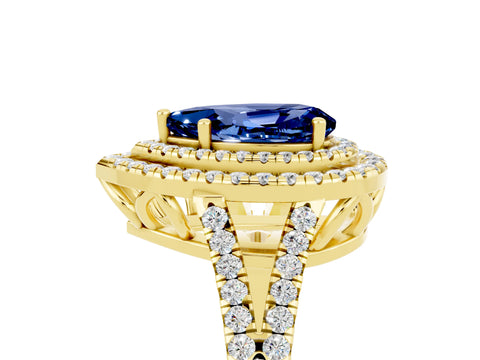 Yellow gold Pear Cut Blue Sapphire Double Halo Ring with Pavé Band and Prong Setting_17