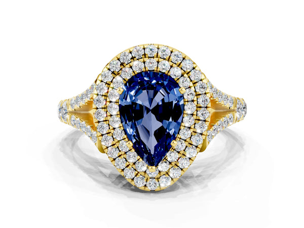 Yellow gold Pear Cut Blue Sapphire Double Halo Ring with Split Shank and Prong Setting
