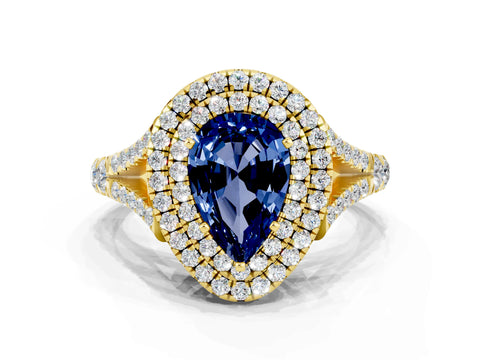 Yellow gold Pear Cut Blue Sapphire Double Halo Ring with Split Shank and Prong Setting_12