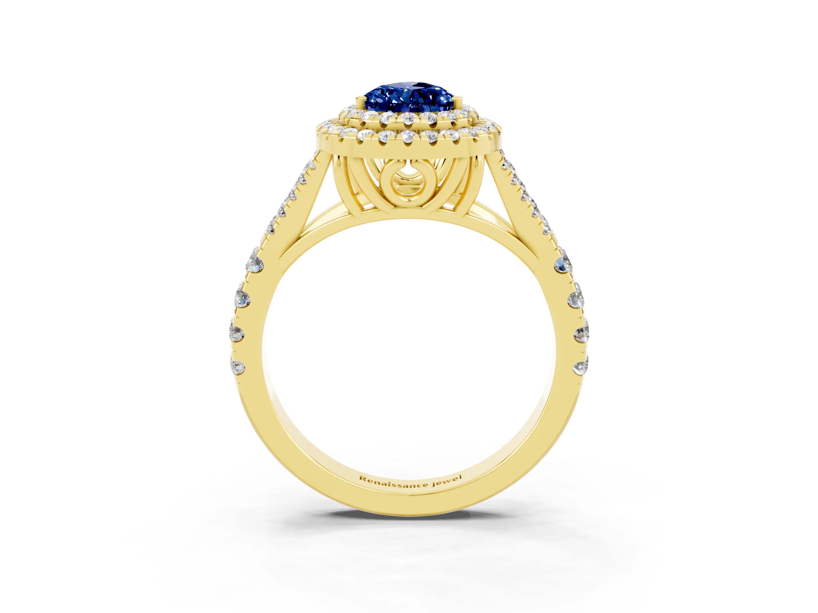 Yellow gold Pear Cut Blue Sapphire Double Halo Ring with Split Shank and Prong Setting_15