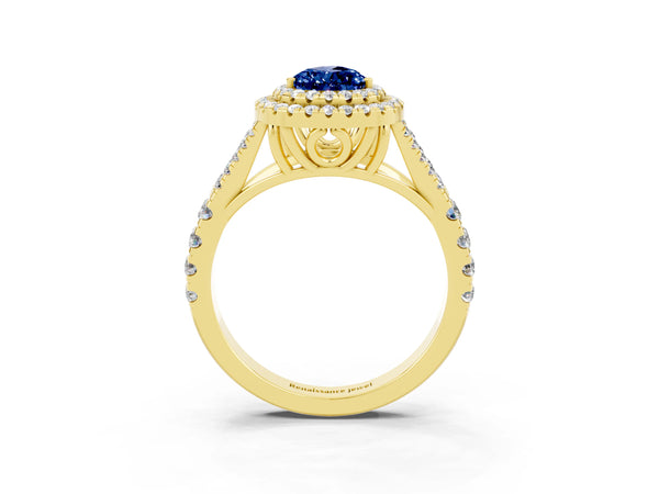 Yellow gold Pear Cut Blue Sapphire Double Halo Ring with Split Shank and Prong Setting