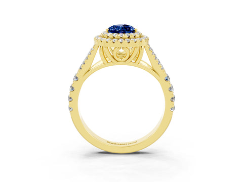 Yellow gold Pear Cut Blue Sapphire Double Halo Ring with Split Shank and Prong Setting_15