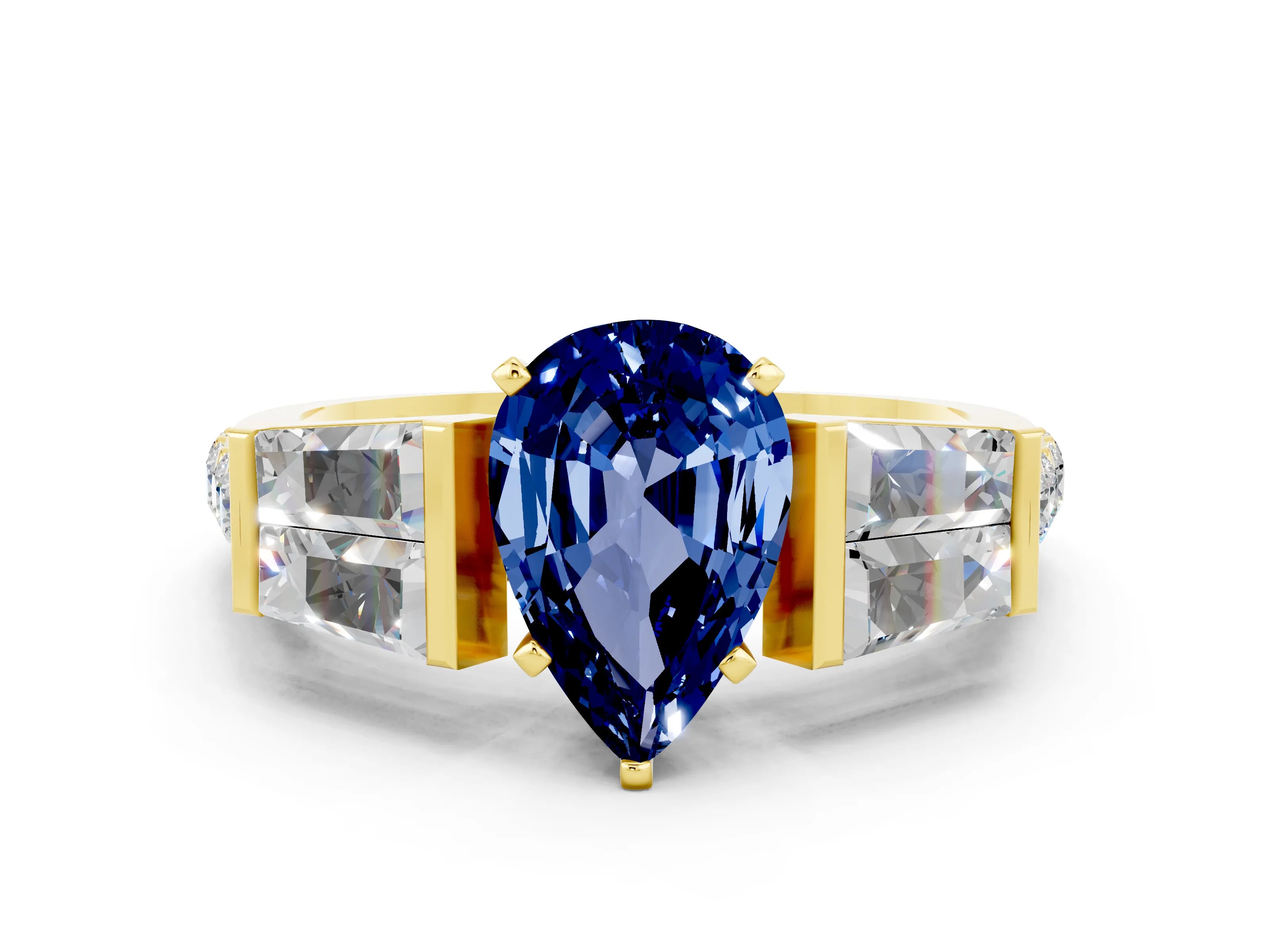 Yellow gold Pear Cut Blue Sapphire Engagement Ring with Baguette Side Stones and Channel Set Band