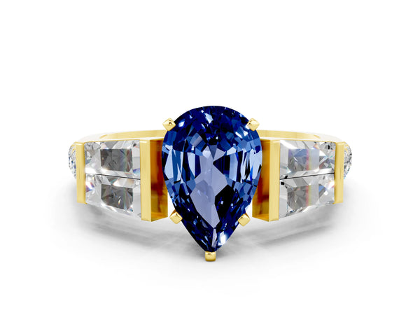 Yellow gold Pear Cut Blue Sapphire Engagement Ring with Baguette Side Stones and Channel Set Band