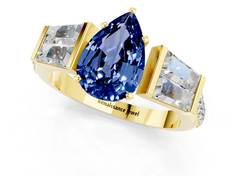 Yellow gold Pear Cut Blue Sapphire Engagement Ring with Baguette Side Stones and Channel Set Band_1