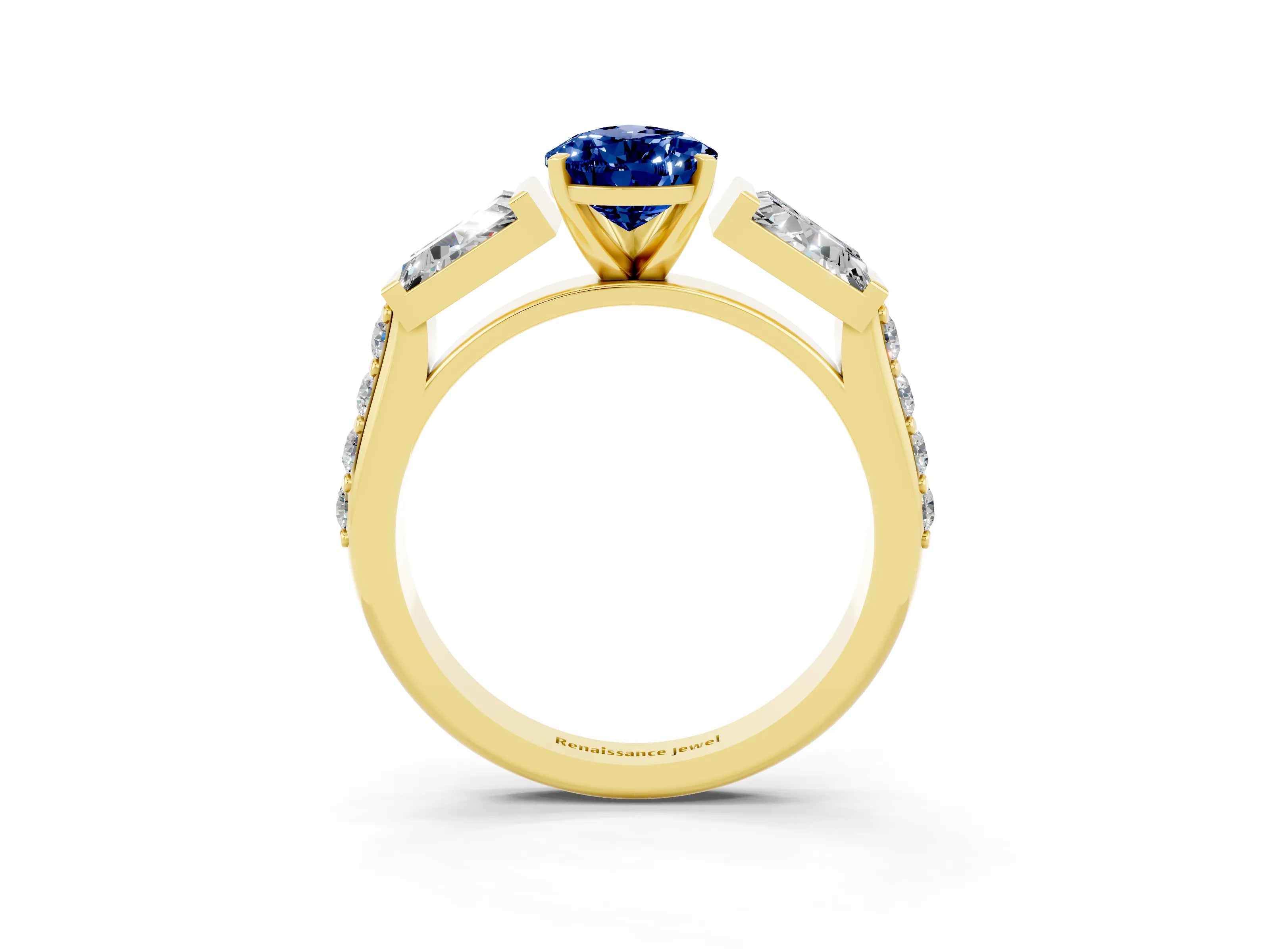 Yellow gold Pear Cut Blue Sapphire Engagement Ring with Baguette Side Stones and Channel Set Band_3