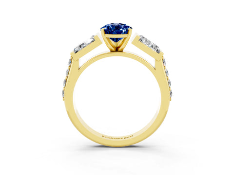 Yellow gold Pear Cut Blue Sapphire Engagement Ring with Baguette Side Stones and Channel Set Band_3