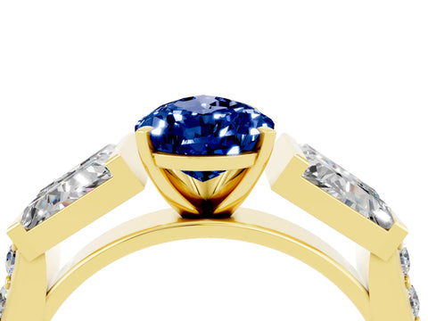 Yellow gold Pear Cut Blue Sapphire Engagement Ring with Baguette Side Stones and Channel Set Band_4