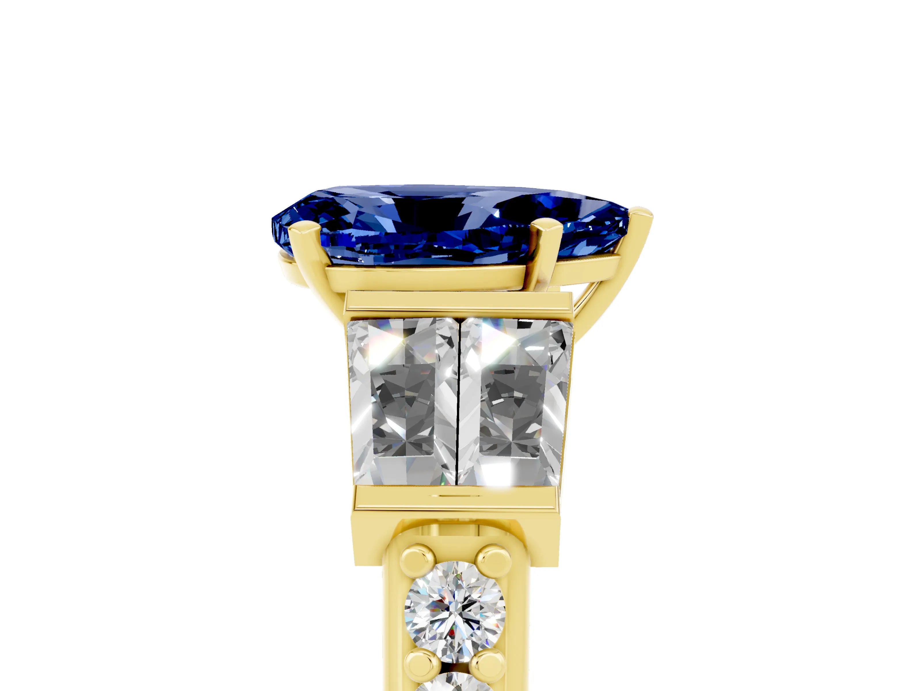 Yellow gold Pear Cut Blue Sapphire Engagement Ring with Baguette Side Stones and Channel Set Band_5