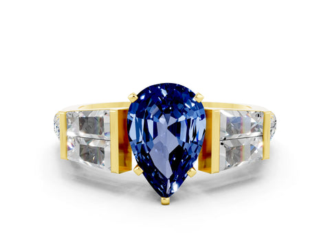 Yellow gold Pear Cut Blue Sapphire Engagement Ring with Baguette Side Stones and Channel Set Band
