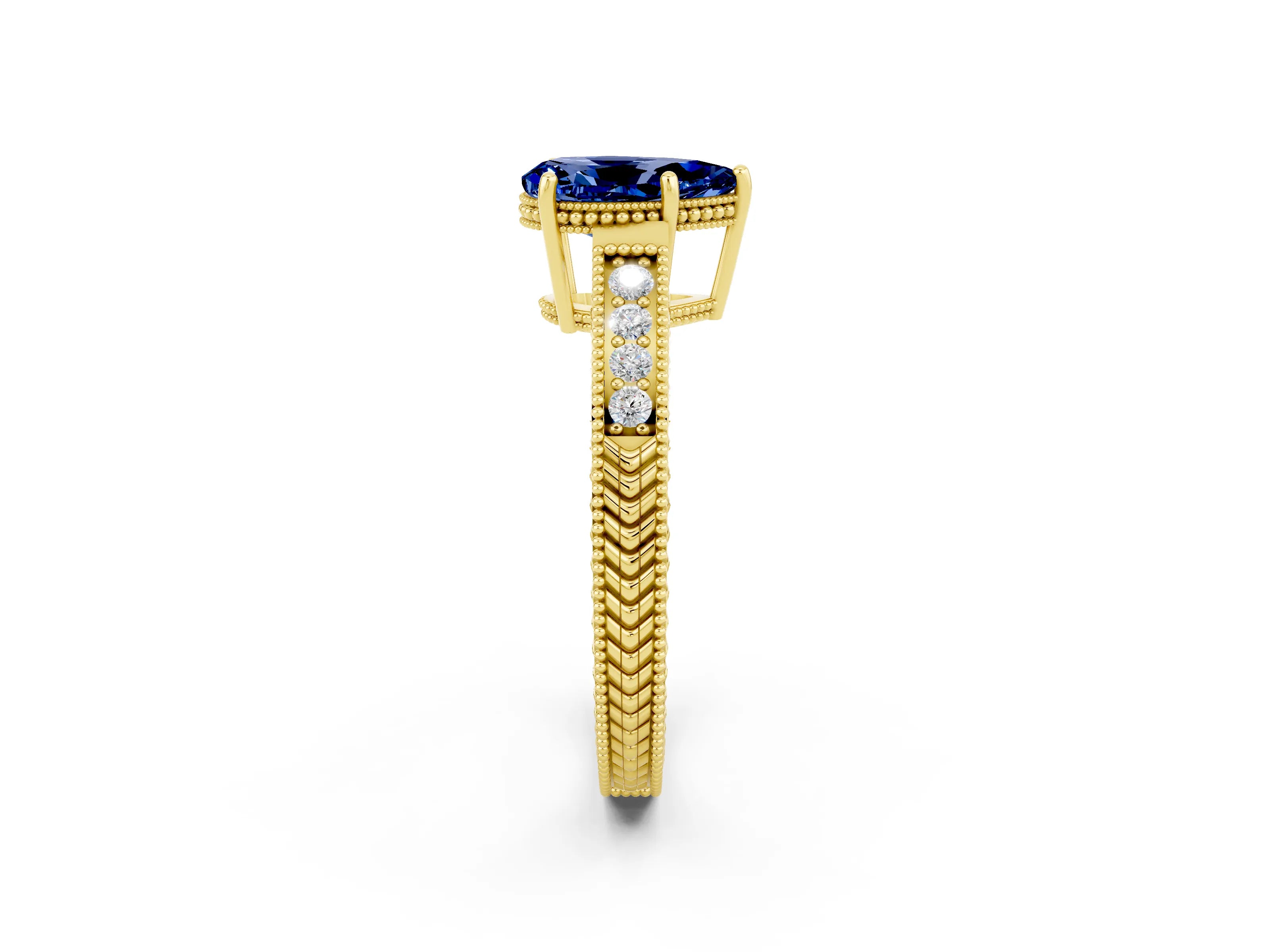 Yellow gold Pear Cut Blue Sapphire Engagement Ring with Milgrain Channel Set Band and Prong Setting_2