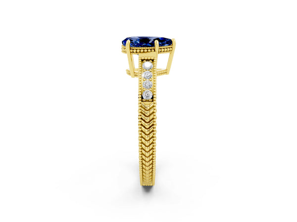 Yellow gold Pear Cut Blue Sapphire Engagement Ring with Milgrain Channel Set Band and Prong Setting