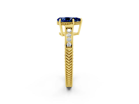 Yellow gold Pear Cut Blue Sapphire Engagement Ring with Milgrain Channel Set Band and Prong Setting_2