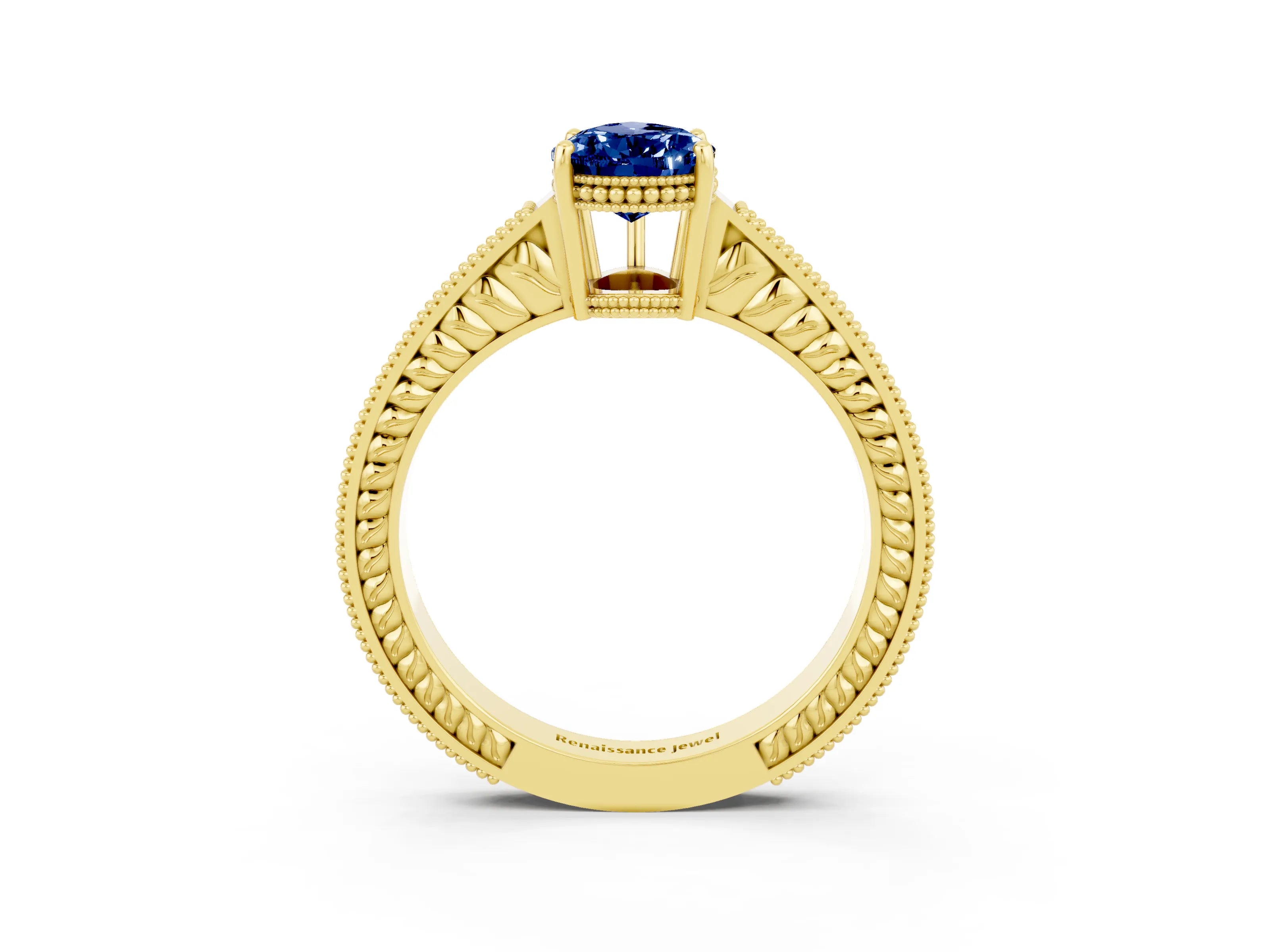 Yellow gold Pear Cut Blue Sapphire Engagement Ring with Milgrain Channel Set Band and Prong Setting_3