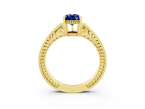 Yellow gold Pear Cut Blue Sapphire Engagement Ring with Milgrain Channel Set Band and Prong Setting