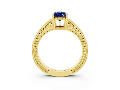 Yellow gold Pear Cut Blue Sapphire Engagement Ring with Milgrain Channel Set Band and Prong Setting_3