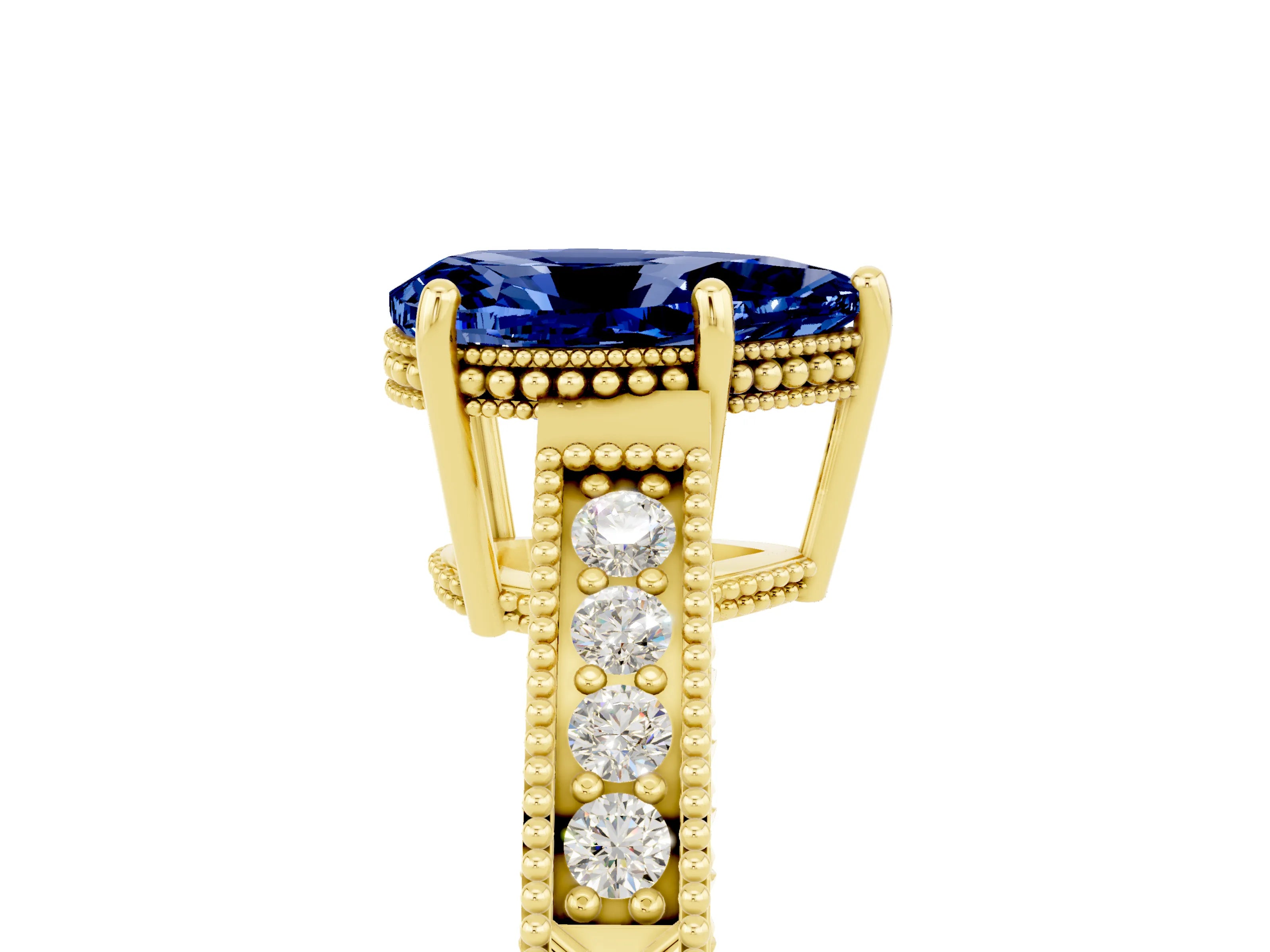 Yellow gold Pear Cut Blue Sapphire Engagement Ring with Milgrain Channel Set Band and Prong Setting_5