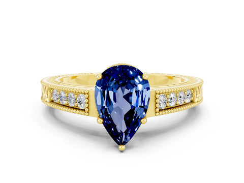 Yellow gold Pear Cut Blue Sapphire Engagement Ring with Milgrain Channel Set Band and Prong Setting