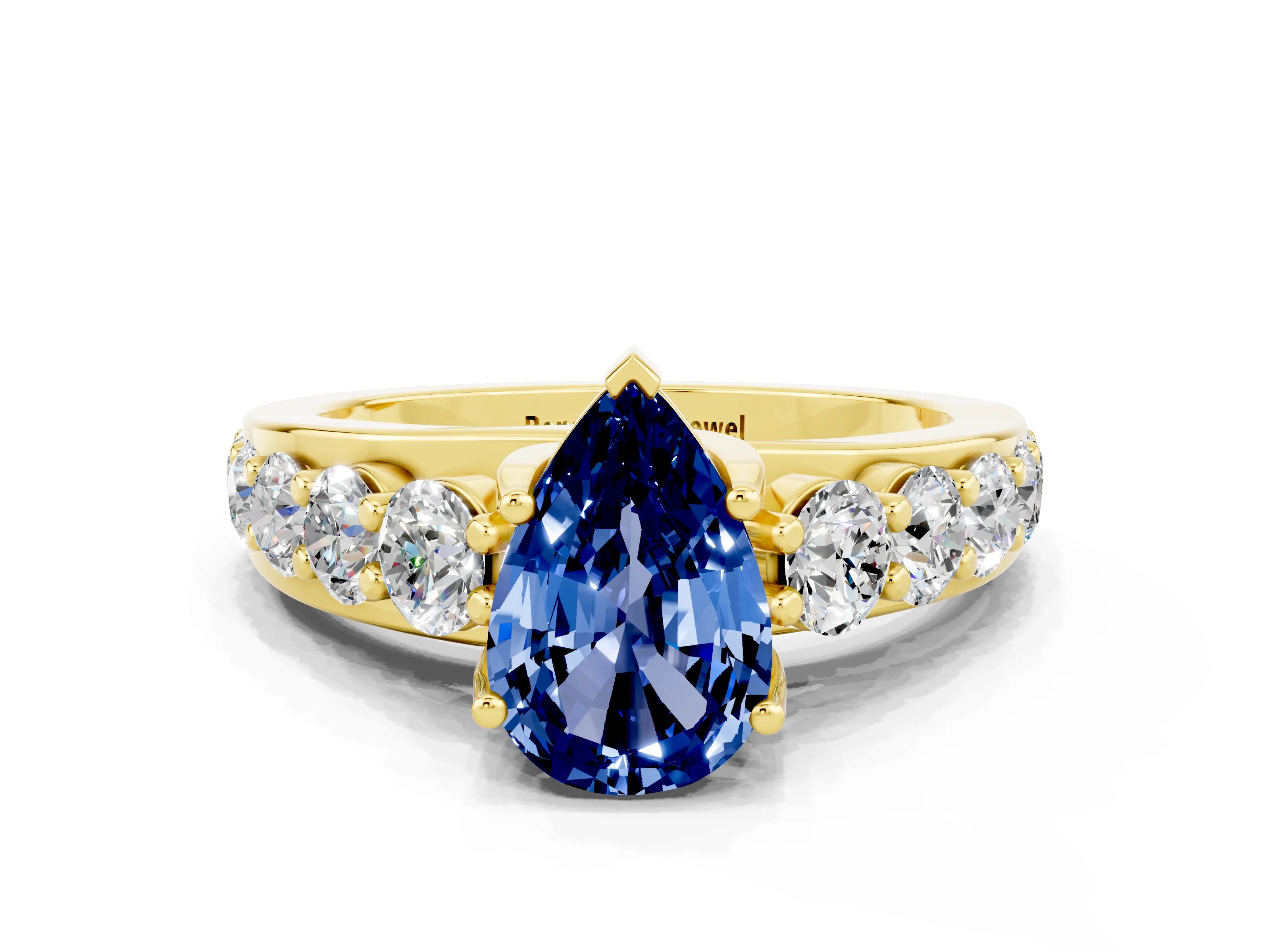 Yellow gold Pear Cut Blue Sapphire Engagement Ring with Pavé Band and Four-Prong Setting