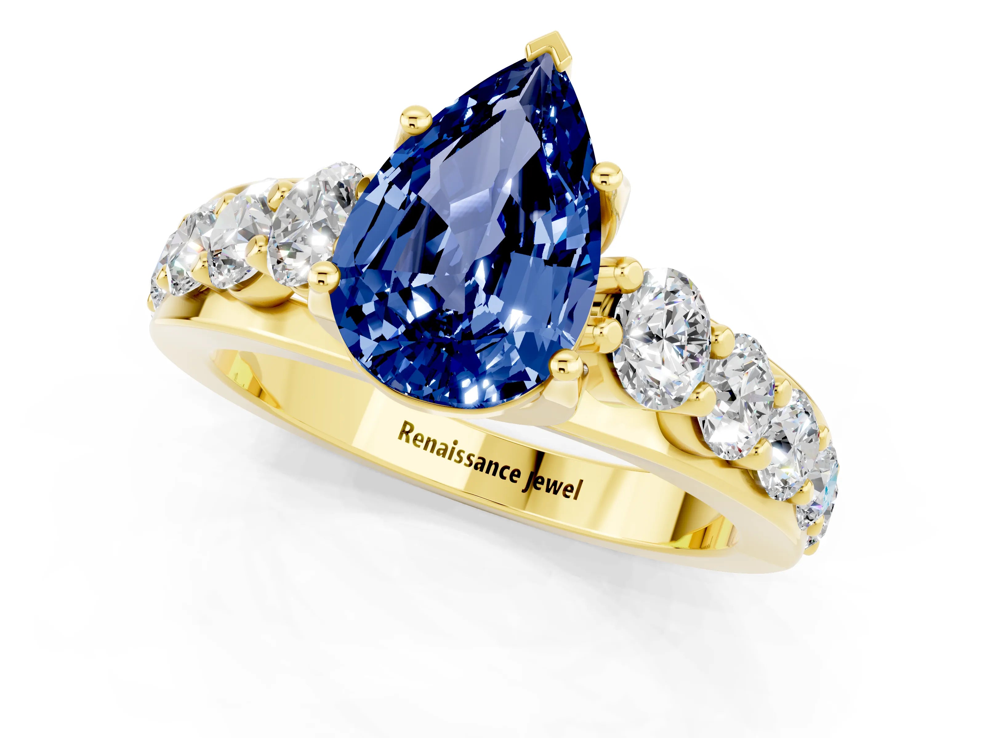 Yellow gold Pear Cut Blue Sapphire Engagement Ring with Pavé Band and Four-Prong Setting_1