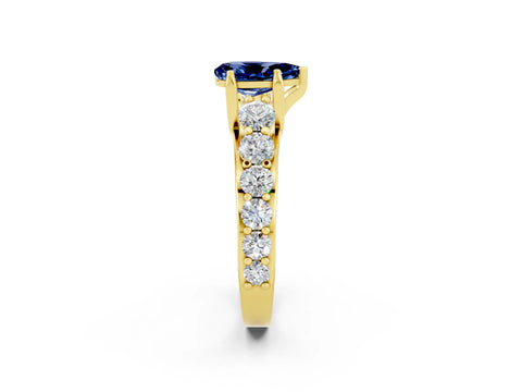 Yellow gold Pear Cut Blue Sapphire Engagement Ring with Pavé Band and Four-Prong Setting_2