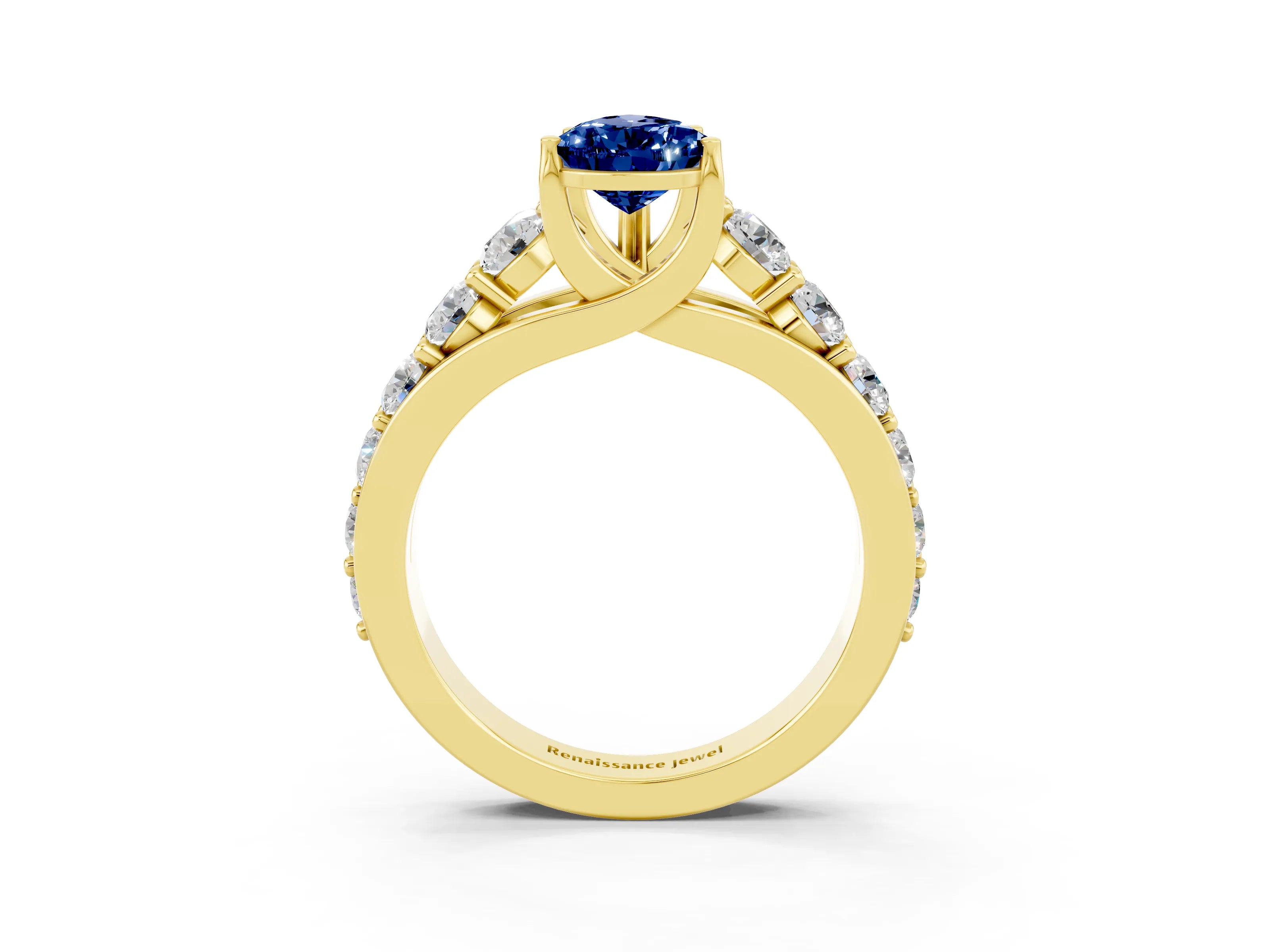 Yellow gold Pear Cut Blue Sapphire Engagement Ring with Pavé Band and Four-Prong Setting_3