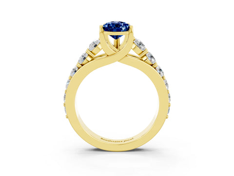 Yellow gold Pear Cut Blue Sapphire Engagement Ring with Pavé Band and Four-Prong Setting_3