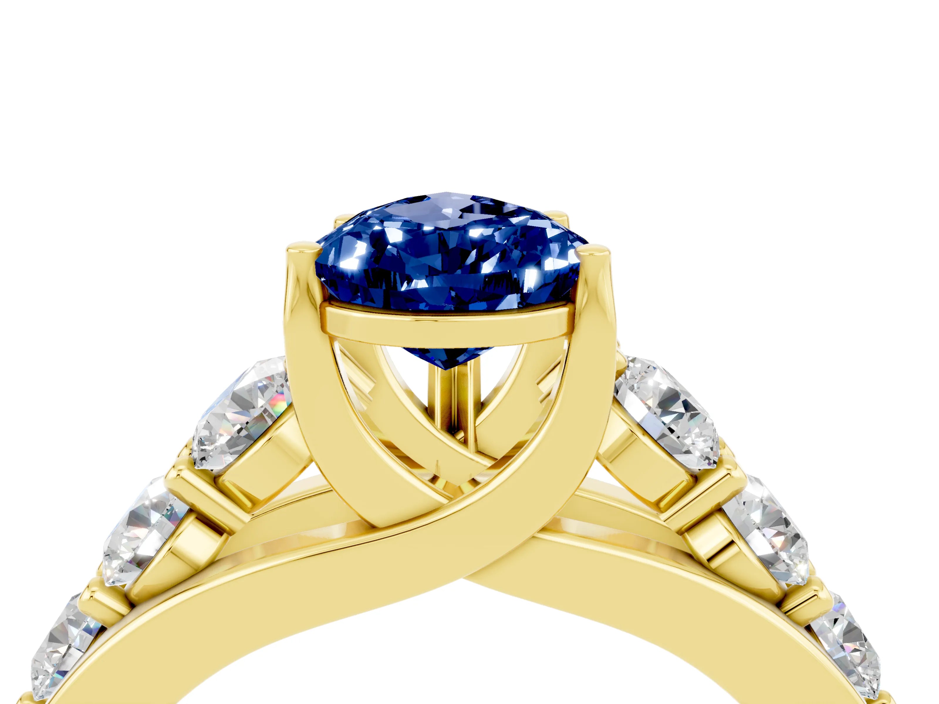 Yellow gold Pear Cut Blue Sapphire Engagement Ring with Pavé Band and Four-Prong Setting_4