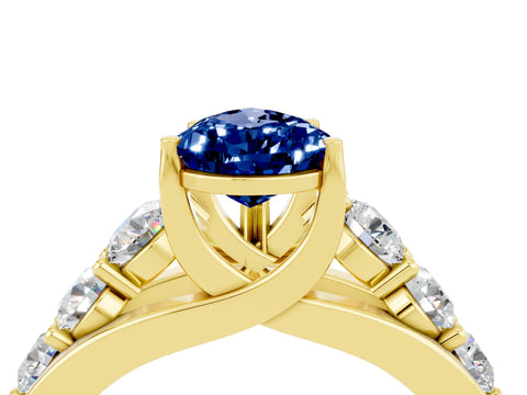 Yellow gold Pear Cut Blue Sapphire Engagement Ring with Pavé Band and Four-Prong Setting_4