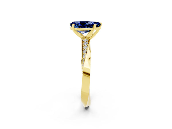 Yellow gold Pear Cut Blue Sapphire Engagement Ring with Side Stone Accents and Four-Prong Setting