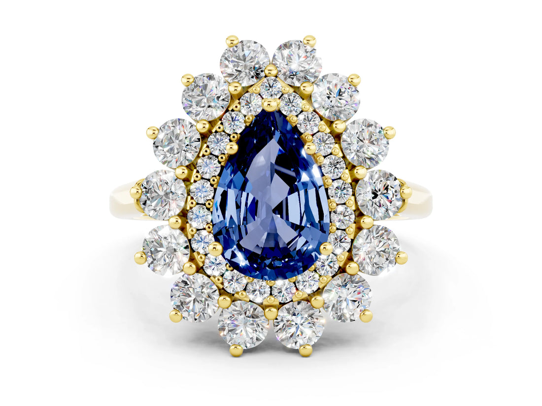 Yellow gold Pear Cut Blue Sapphire Floral Double Halo Engagement Ring with Prong Setting_60