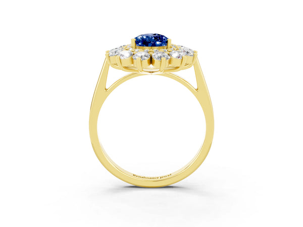 Yellow Gold Pear-Shaped Lab-Grown Blue Sapphire Floral Double Halo Engagement Ring with Plain Band