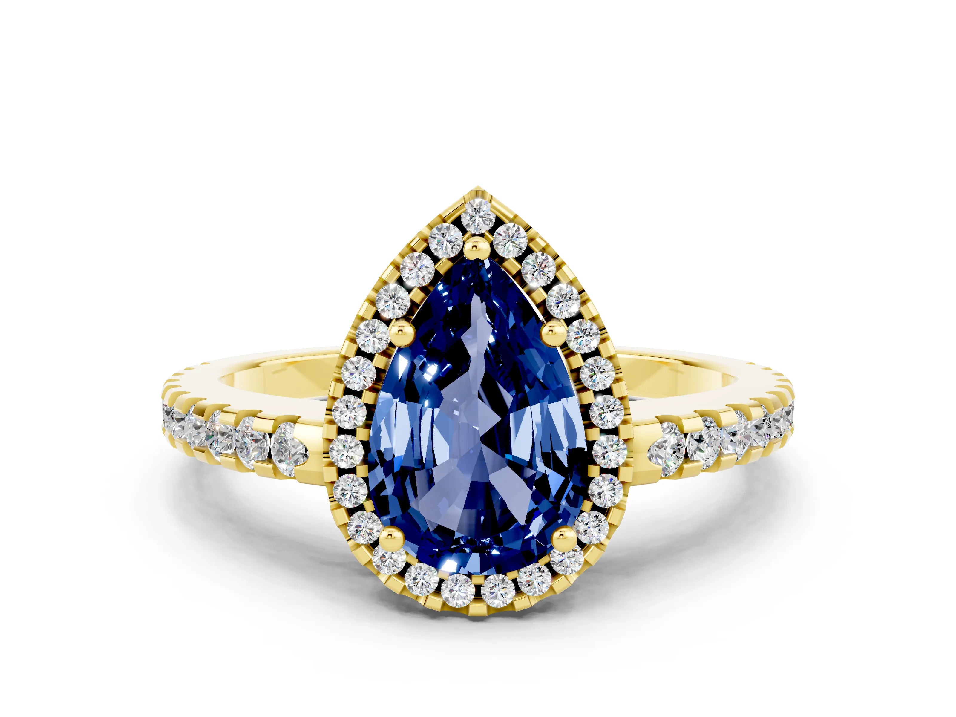 Yellow gold Pear Cut Blue Sapphire Halo Engagement Ring with Pavé Band and Prong Setting_12