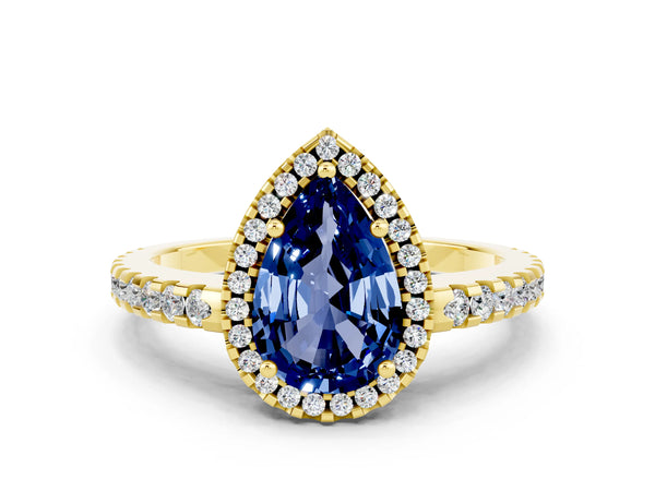 Yellow gold Pear Cut Blue Sapphire Halo Engagement Ring with Pavé Band and Prong Setting