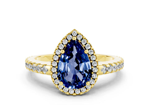 Yellow gold Pear Cut Blue Sapphire Halo Engagement Ring with Pavé Band and Prong Setting_12
