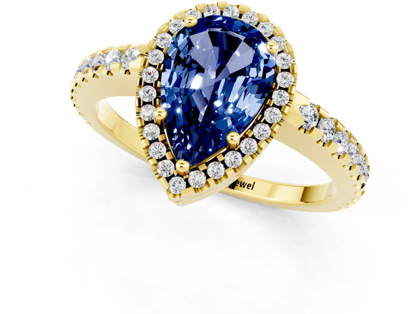 Yellow gold Pear Cut Blue Sapphire Halo Engagement Ring with Pavé Band and Prong Setting