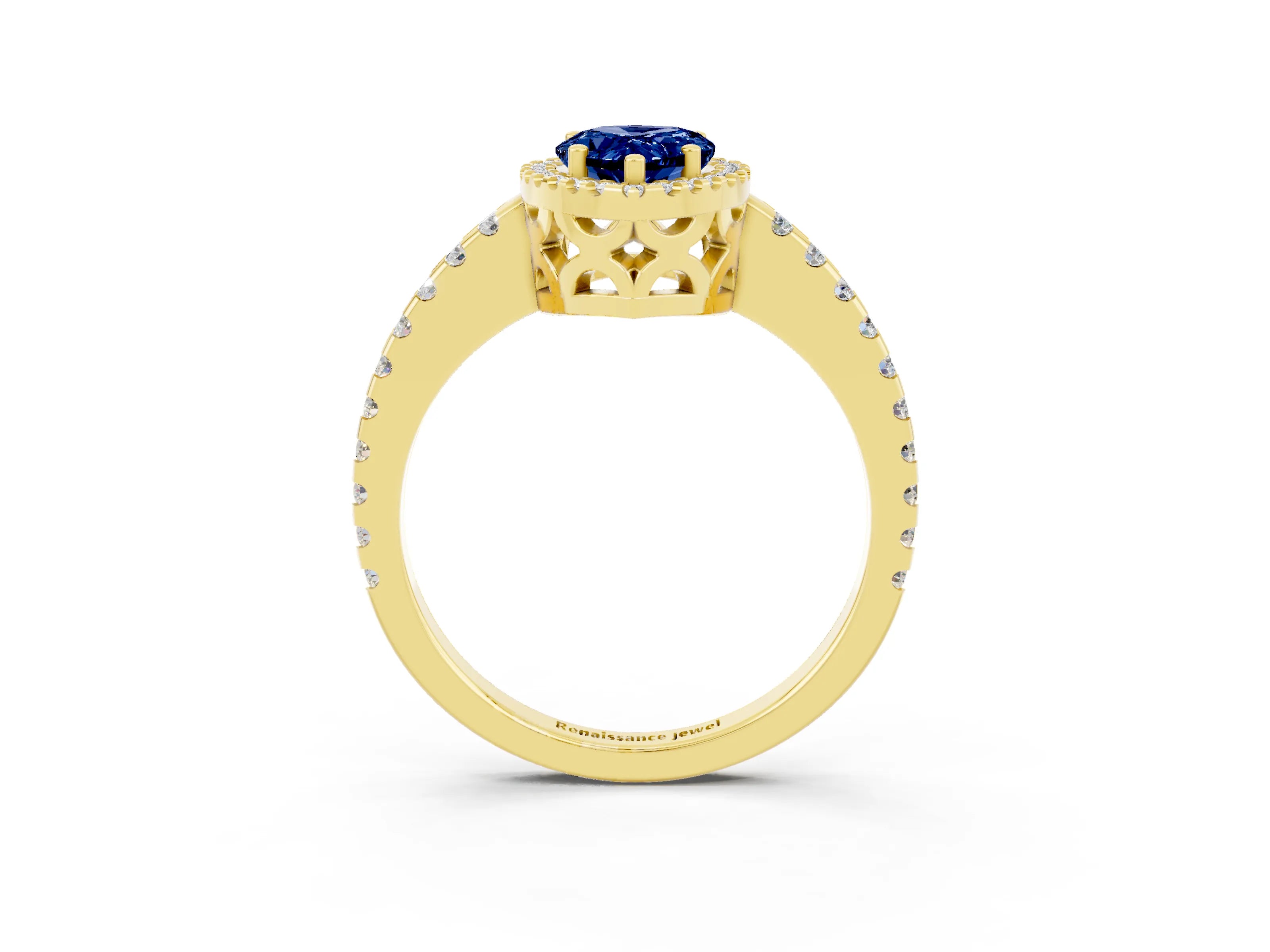 Yellow gold Pear Cut Blue Sapphire Halo Engagement Ring with Pavé Band and Prong Setting_15