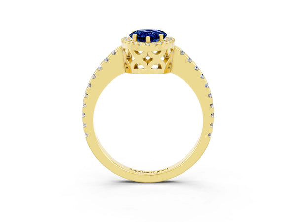 Yellow gold Pear Cut Blue Sapphire Halo Engagement Ring with Pavé Band and Prong Setting