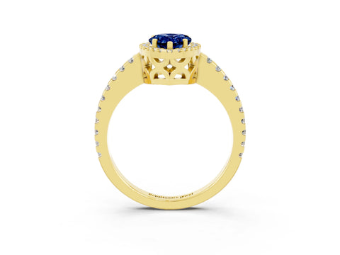 Yellow gold Pear Cut Blue Sapphire Halo Engagement Ring with Pavé Band and Prong Setting_15