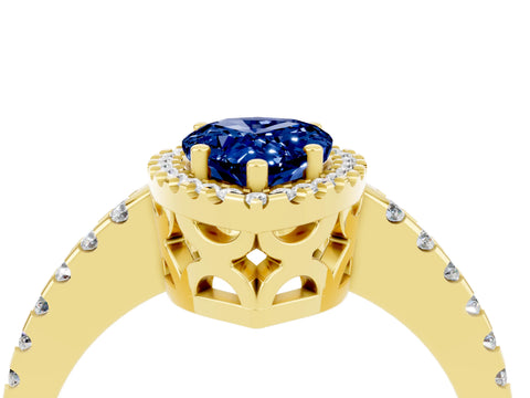 Yellow gold Pear Cut Blue Sapphire Halo Engagement Ring with Pavé Band and Prong Setting_16